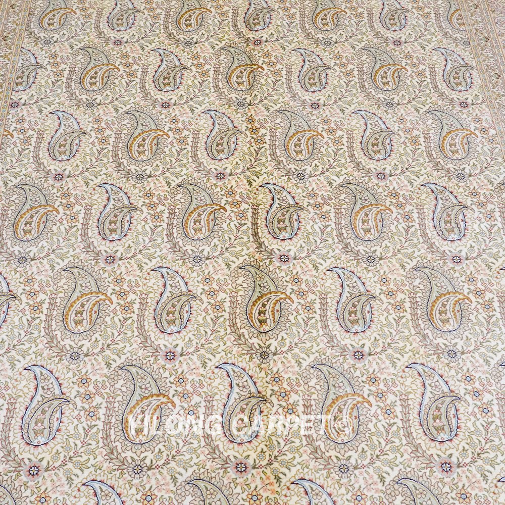 Paisley Design Silk Rug Oriental Beige Handmade Carpet 5x7ft - Image 4