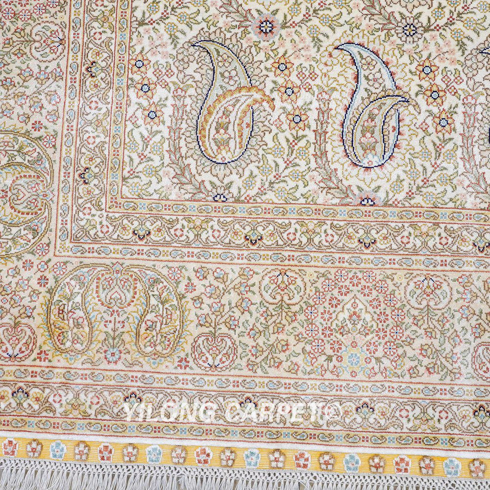 Paisley Design Silk Rug Oriental Beige Handmade Carpet 5x7ft - Image 5