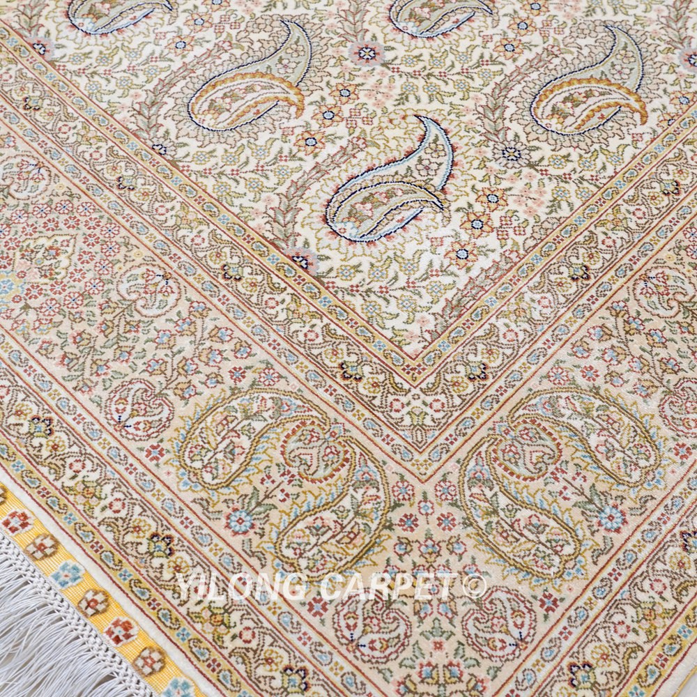 Paisley Design Silk Rug Oriental Beige Handmade Carpet 5x7ft - Image 6