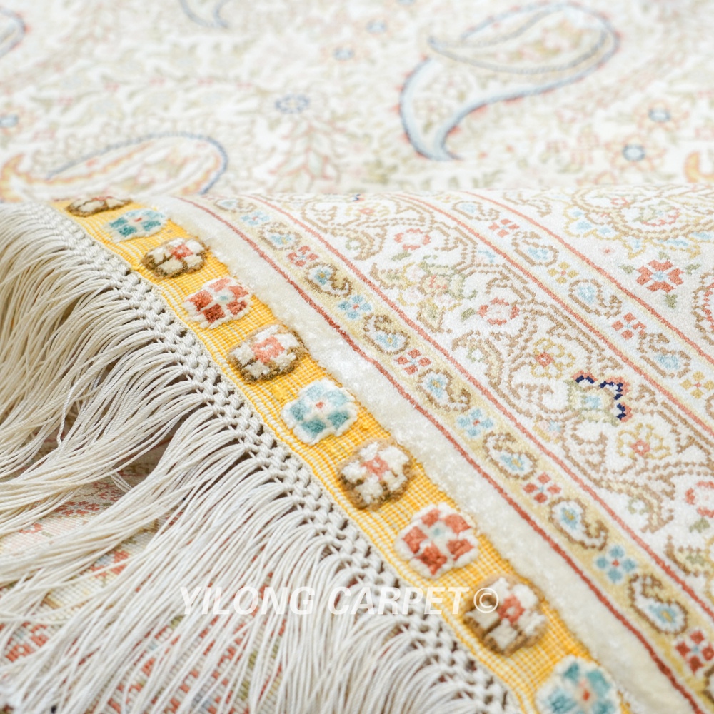 Paisley Design Silk Rug Oriental Beige Handmade Carpet 5x7ft - Image 8