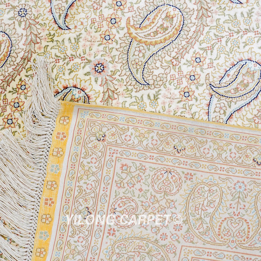 Paisley Design Silk Rug Oriental Beige Handmade Carpet 5x7ft - Image 9