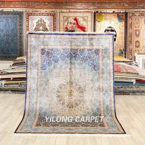 Dom Design Persian Oriental Silk Rug Blue Hand Knotted Carpet 5x7ft