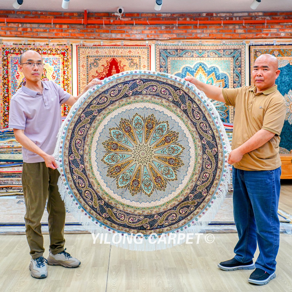 Handmade Rug Grey Peacock Design Silk Turkish Villa Round Carpet 4x4ft