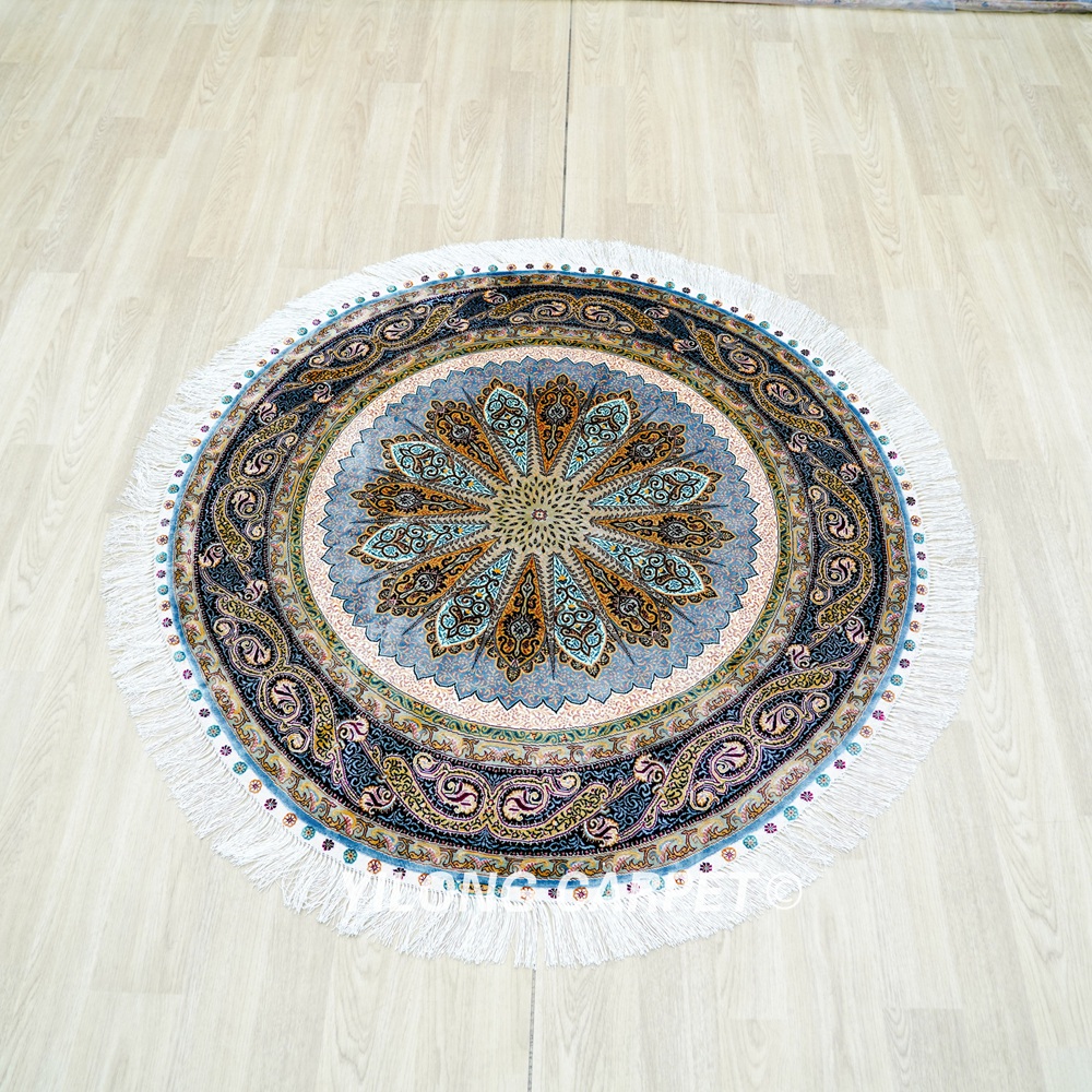 Handmade Rug Grey Peacock Design Silk Turkish Villa Round Carpet 4x4ft - Image 3