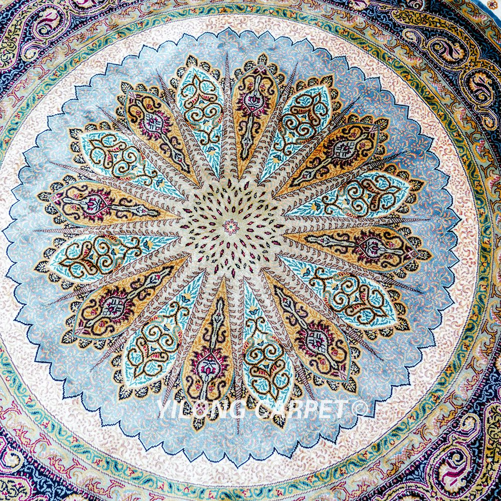Handmade Rug Grey Peacock Design Silk Turkish Villa Round Carpet 4x4ft - Image 4