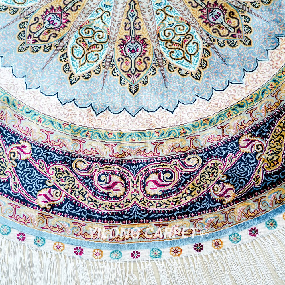 Handmade Rug Grey Peacock Design Silk Turkish Villa Round Carpet 4x4ft - Image 5