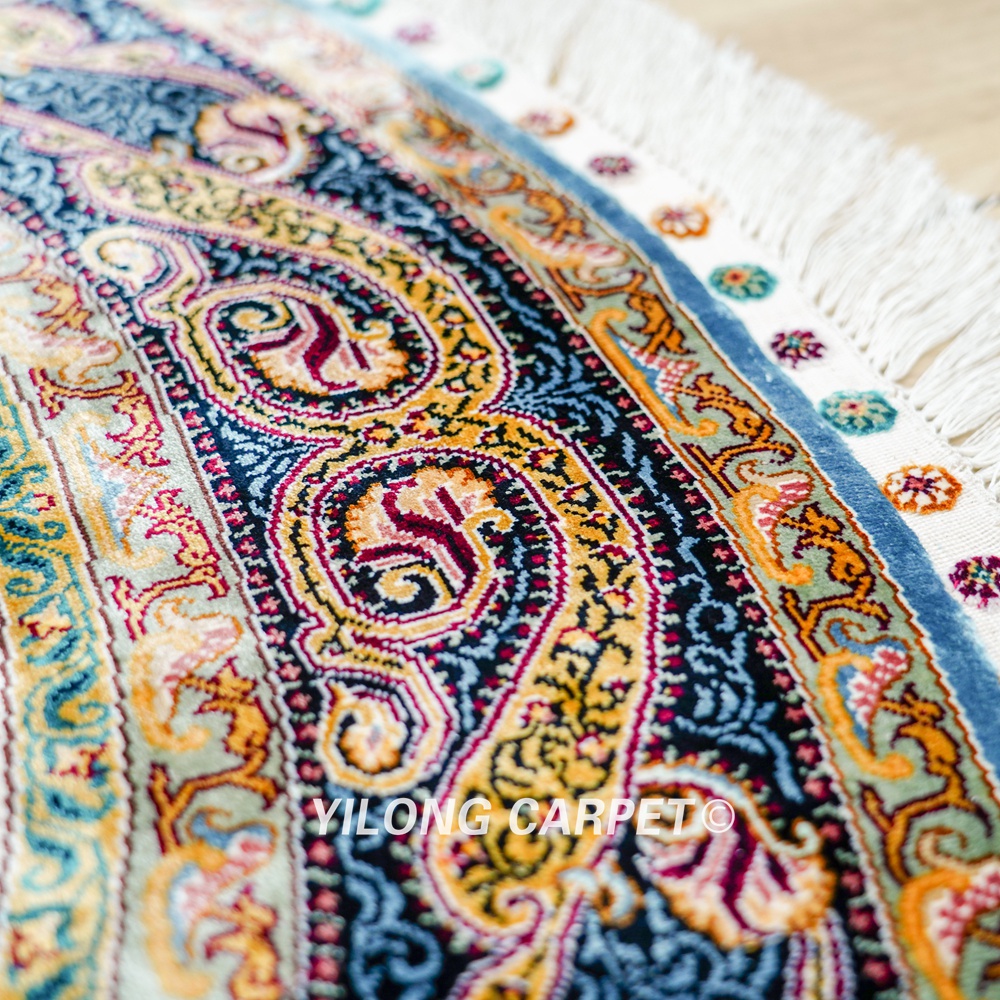 Handmade Rug Grey Peacock Design Silk Turkish Villa Round Carpet 4x4ft - Image 6