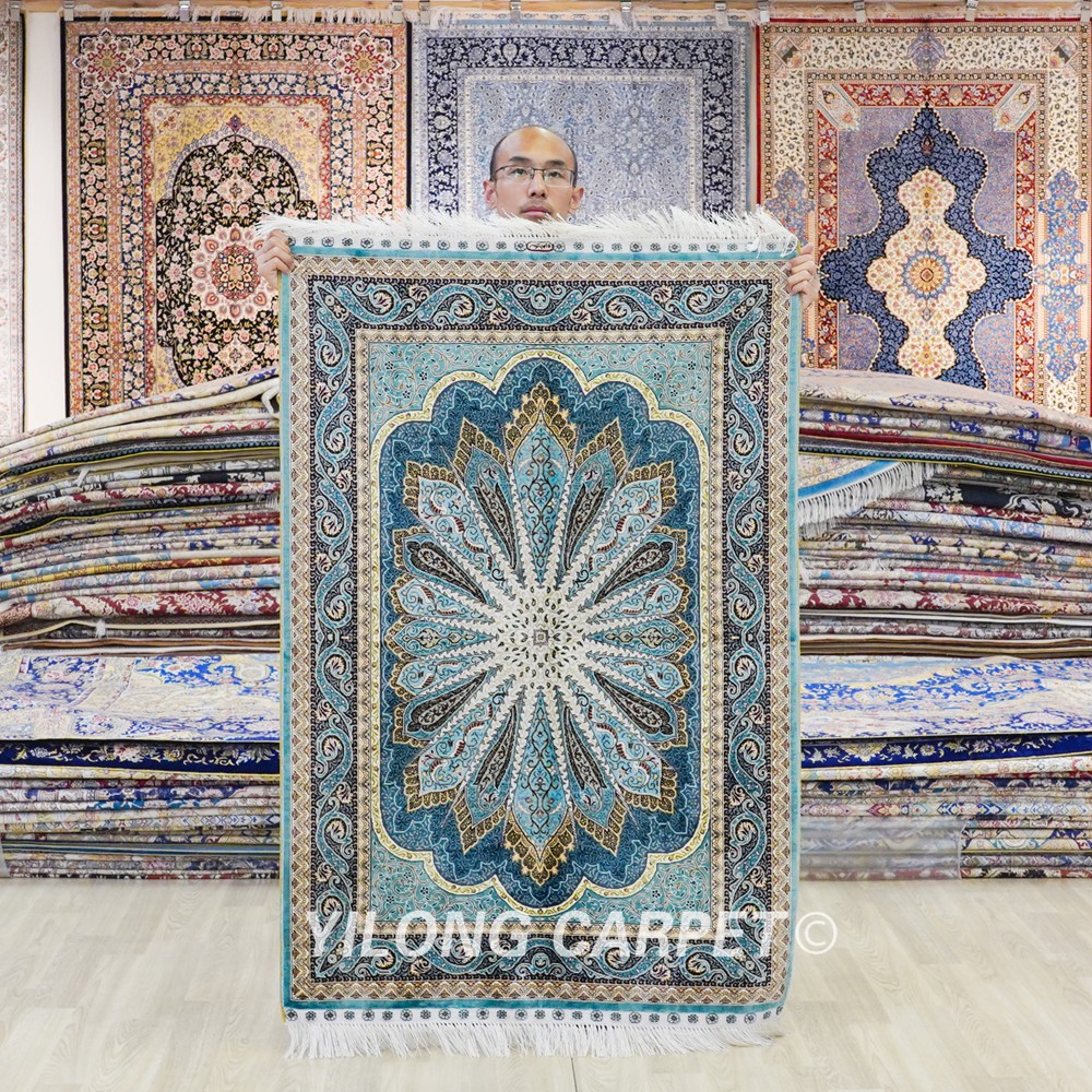 Blue Peacock Design Handmade Silk Small Rug 3x4.5ft