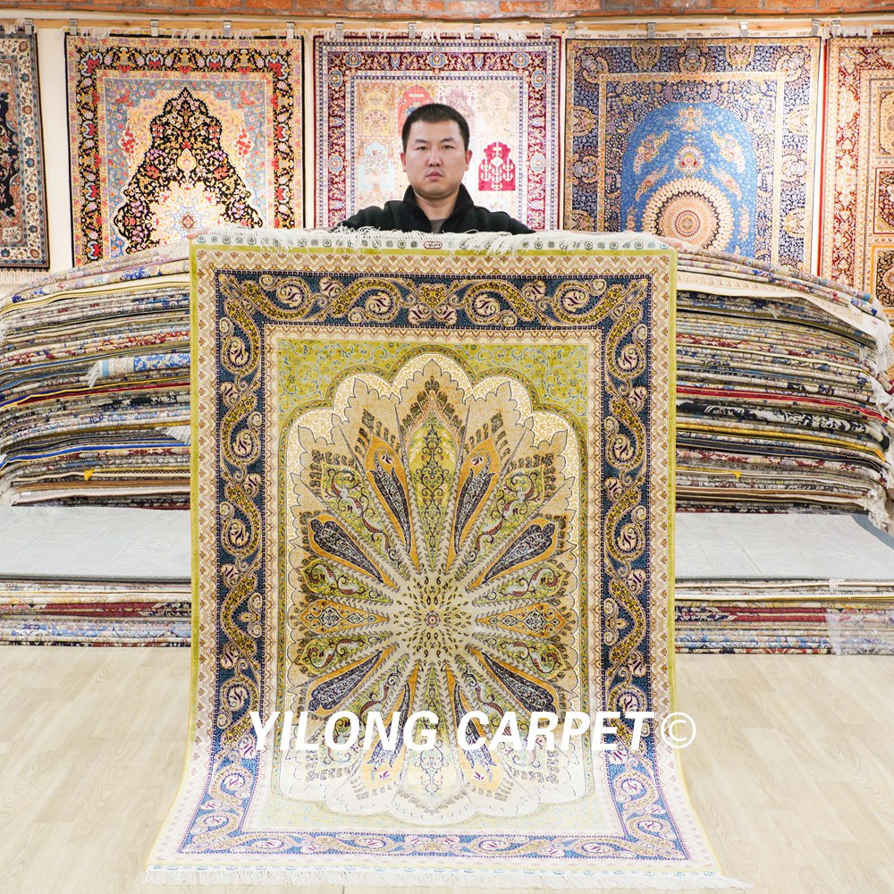 Turkish Rug Green Peacock Design Handmade Silk Villa Rug 4x6ft Sold Out