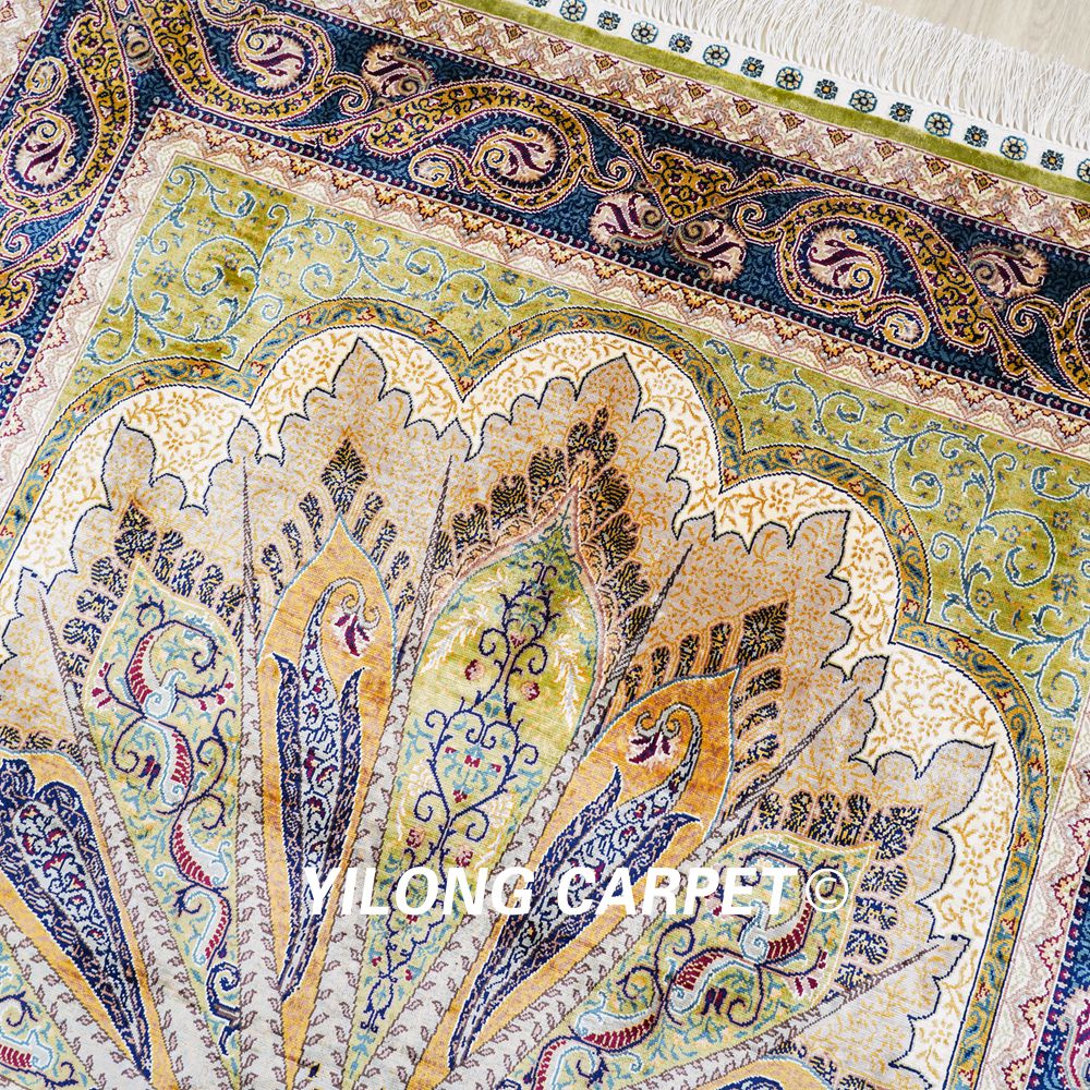 Turkish Rug Green Peacock Design Handmade Silk Villa Rug 4x6ft Sold Out - Image 7