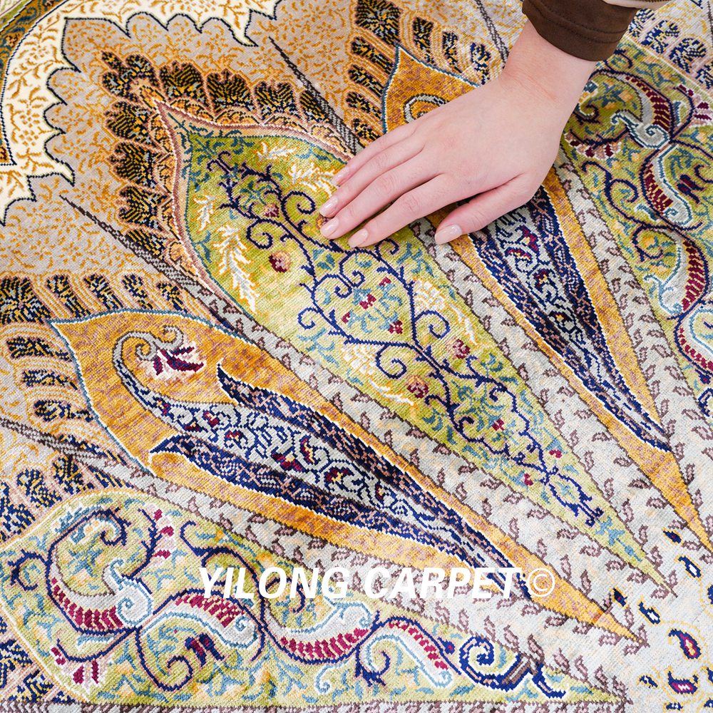 Turkish Rug Green Peacock Design Handmade Silk Villa Rug 4x6ft Sold Out - Image 8