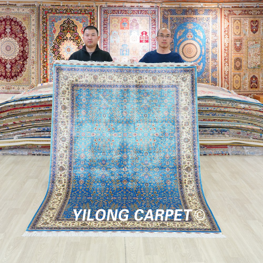 Turkish Oriental Silk Rug Blue Seven Hill Floral Hand Knotted Carpet 5x7ft Sold Out