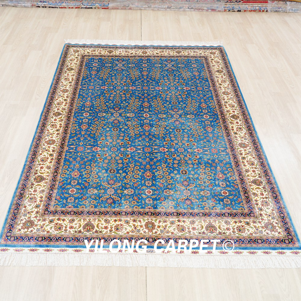 Turkish Oriental Silk Rug Blue Seven Hill Floral Hand Knotted Carpet 5x7ft Sold Out - Image 3