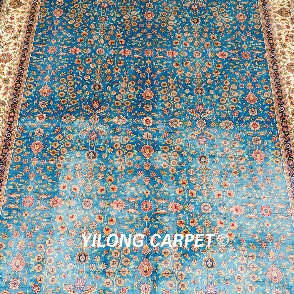 Turkish Oriental Silk Rug Blue Seven Hill Floral Hand Knotted Carpet 5x7ft Sold Out - Image 4