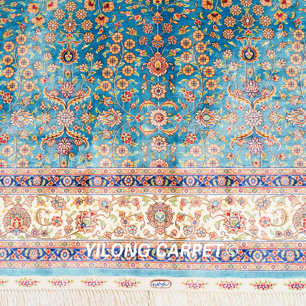 Turkish Oriental Silk Rug Blue Seven Hill Floral Hand Knotted Carpet 5x7ft Sold Out - Image 5