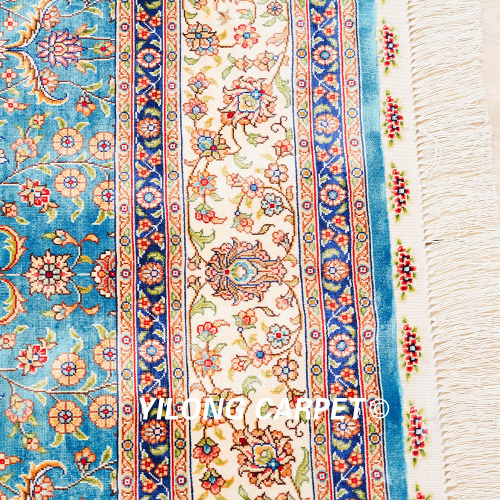 Turkish Oriental Silk Rug Blue Seven Hill Floral Hand Knotted Carpet 5x7ft Sold Out - Image 8