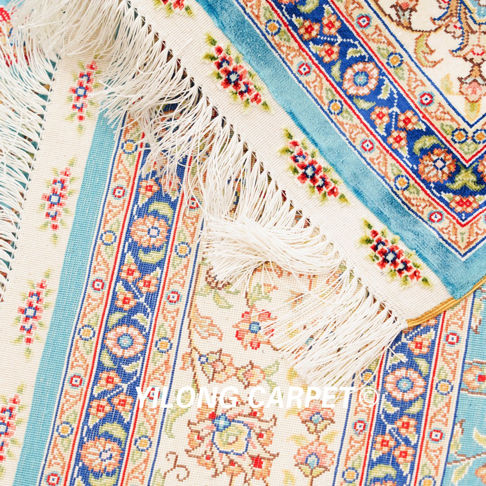 Turkish Oriental Silk Rug Blue Seven Hill Floral Hand Knotted Carpet 5x7ft Sold Out - Image 9