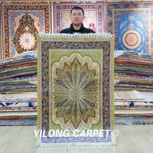 Turkish Rug Green Peacock Design Oriental Silk Hand Knotted Rug 3x4.5ft Sold Out