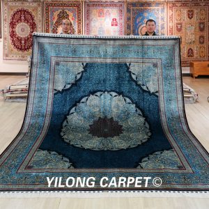 Hand-Knotted Silk Carpet Blue Turkish Silk Carpet for Villa Room 8x10ft