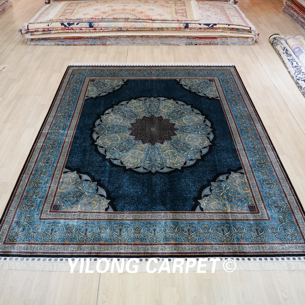 Hand-Knotted Silk Carpet Blue Turkish Silk Carpet for Villa Room 8x10ft - Image 3