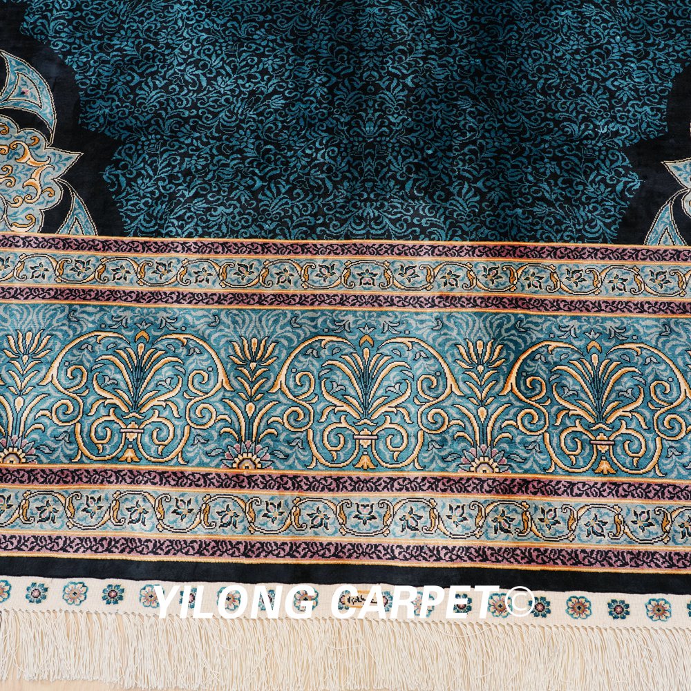 Hand-Knotted Silk Carpet Blue Turkish Silk Carpet for Villa Room 8x10ft - Image 5