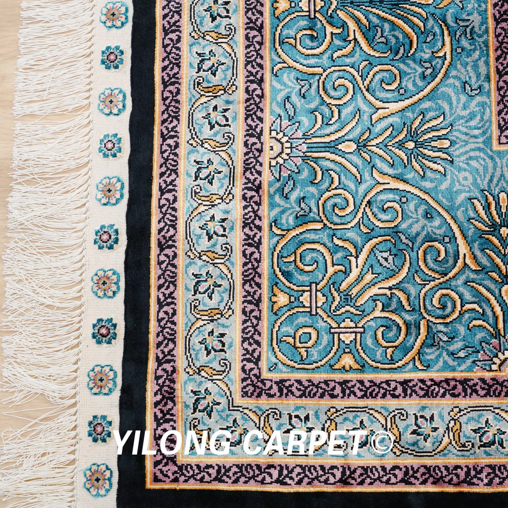 Hand-Knotted Silk Carpet Blue Turkish Silk Carpet for Villa Room 8x10ft - Image 7