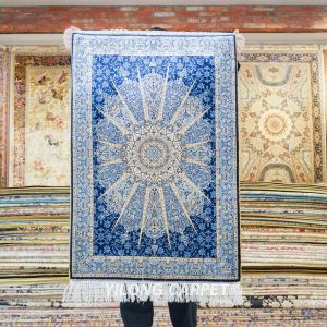 Turkish Rug Small Oriental Blue Hand Knotted Silk Rug 2x3ft