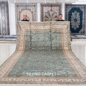 Oversized Handmade Silk Carpet Seven Hill Flowers Blue Silk Carpet 8x17.5ft