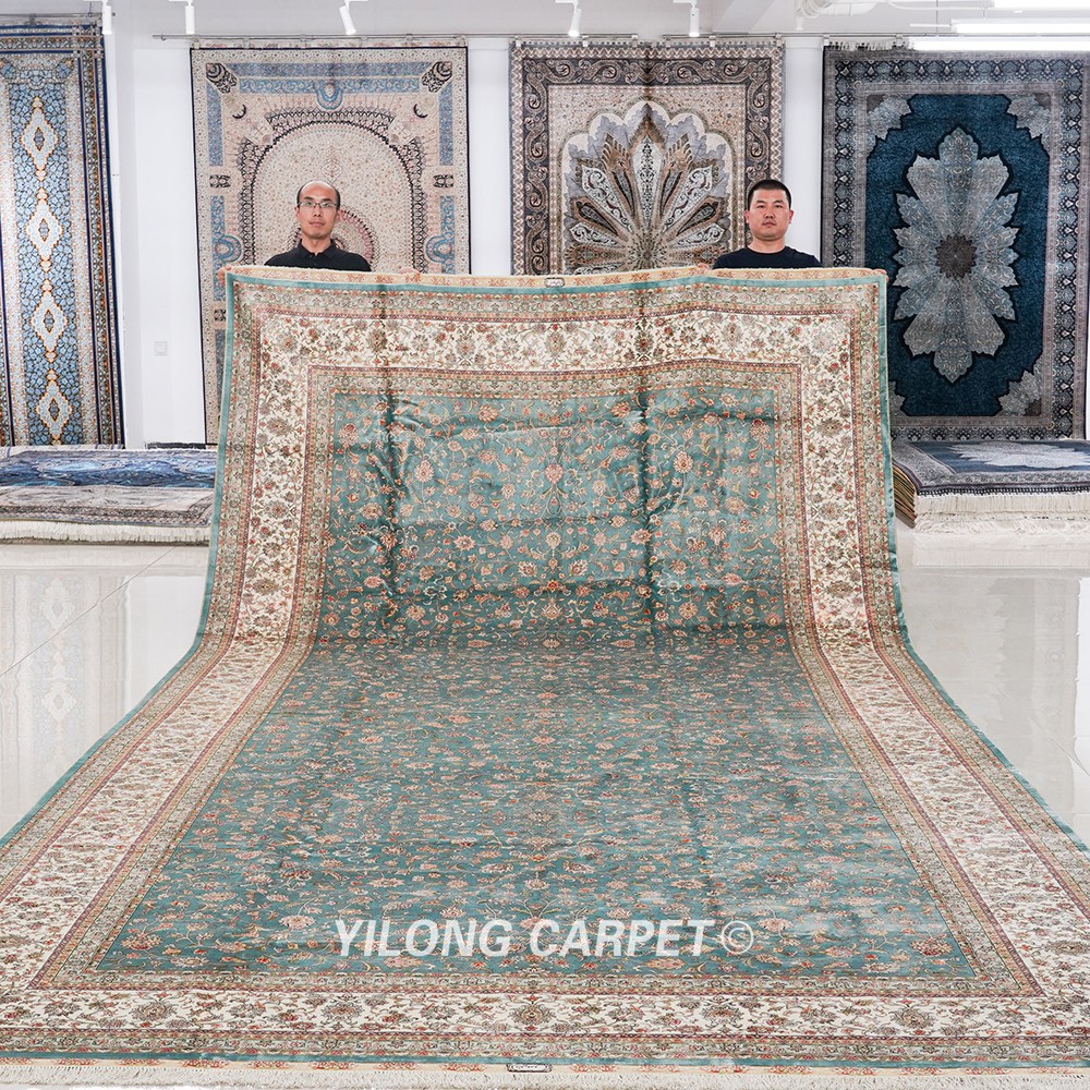 Oversized Handmade Silk Carpet Seven Hill Flowers Blue Silk Carpet 8x17.5ft