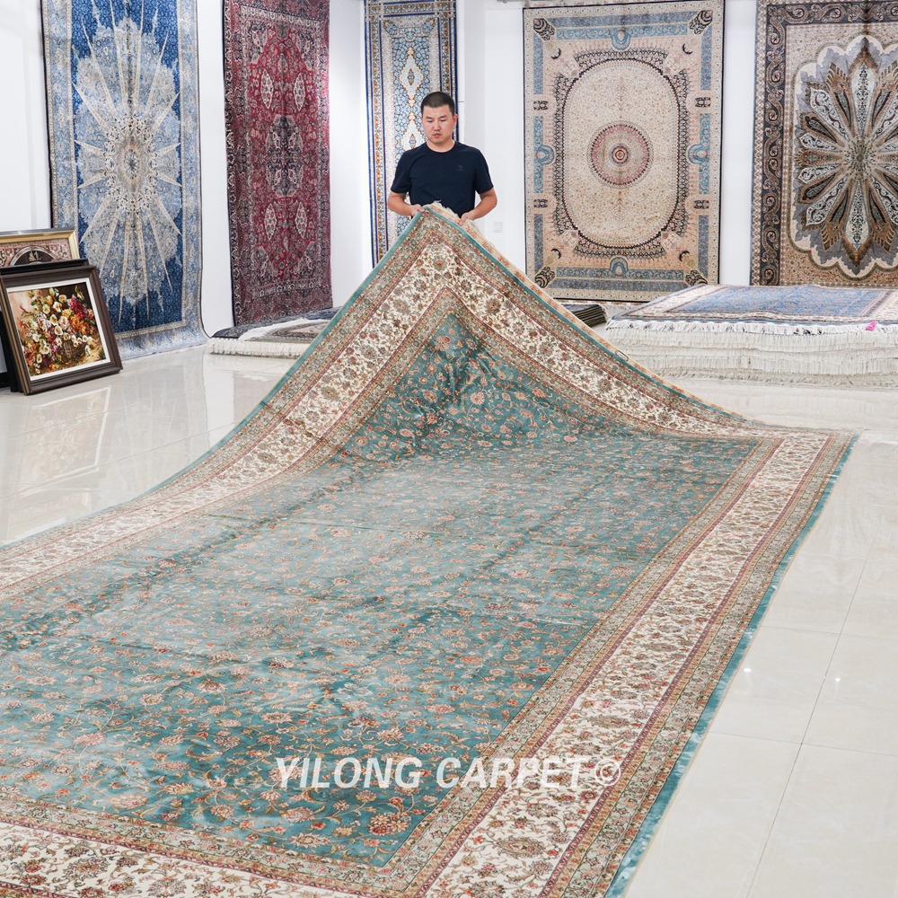 Oversized Handmade Silk Carpet Seven Hill Flowers Blue Silk Carpet 8x17.5ft - Image 3