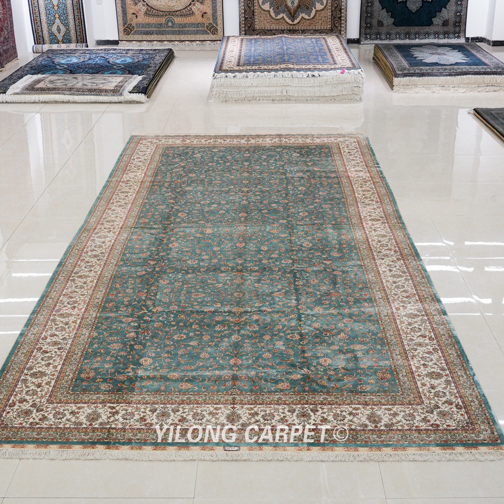 Oversized Handmade Silk Carpet Seven Hill Flowers Blue Silk Carpet 8x17.5ft - Image 4