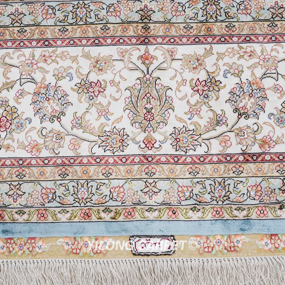 Oversized Handmade Silk Carpet Seven Hill Flowers Blue Silk Carpet 8x17.5ft - Image 5