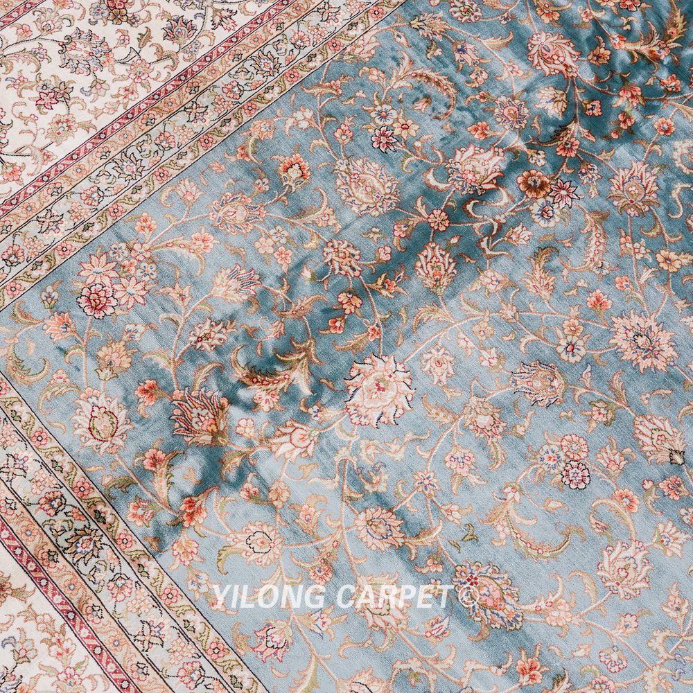 Oversized Handmade Silk Carpet Seven Hill Flowers Blue Silk Carpet 8x17.5ft - Image 6