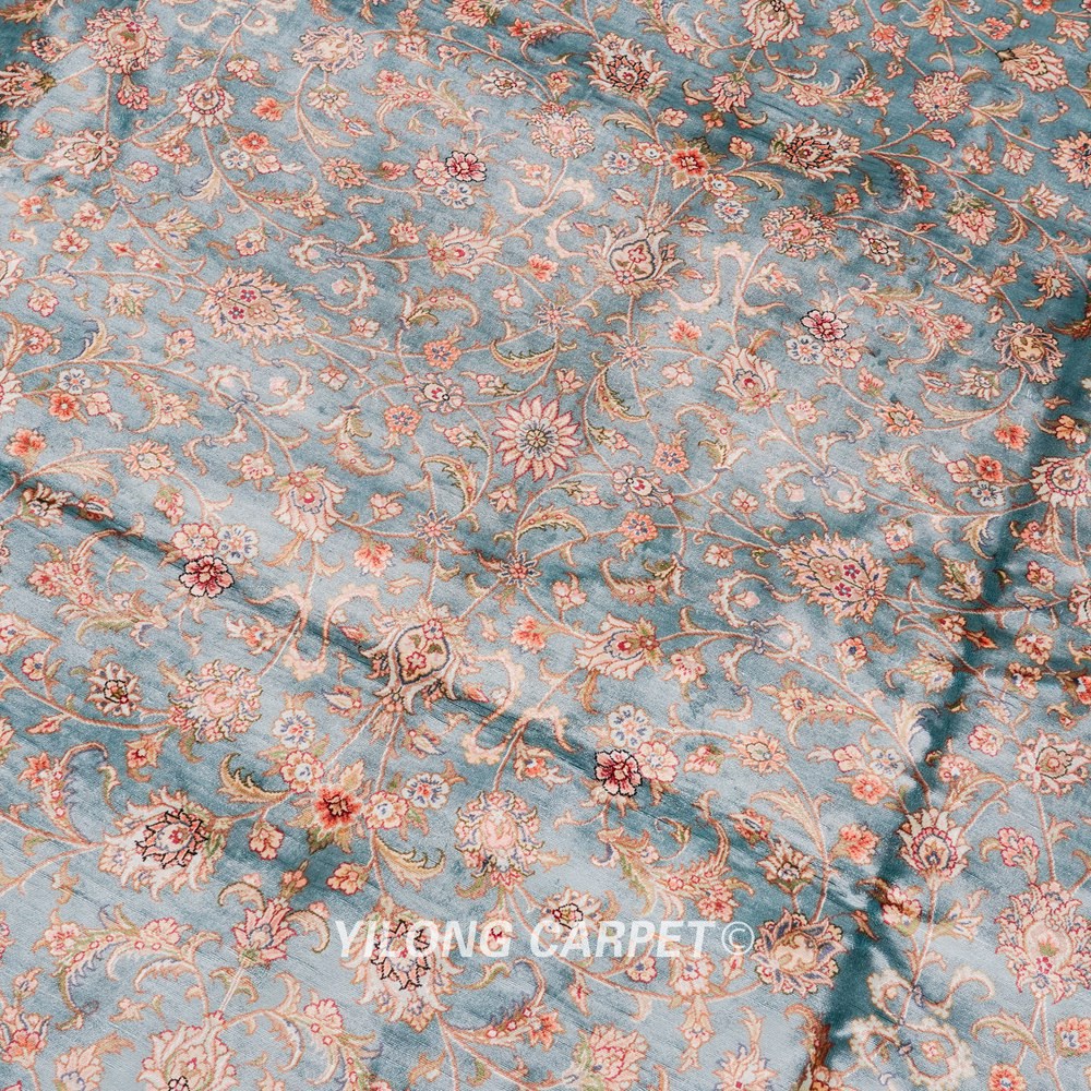 Oversized Handmade Silk Carpet Seven Hill Flowers Blue Silk Carpet 8x17.5ft - Image 7