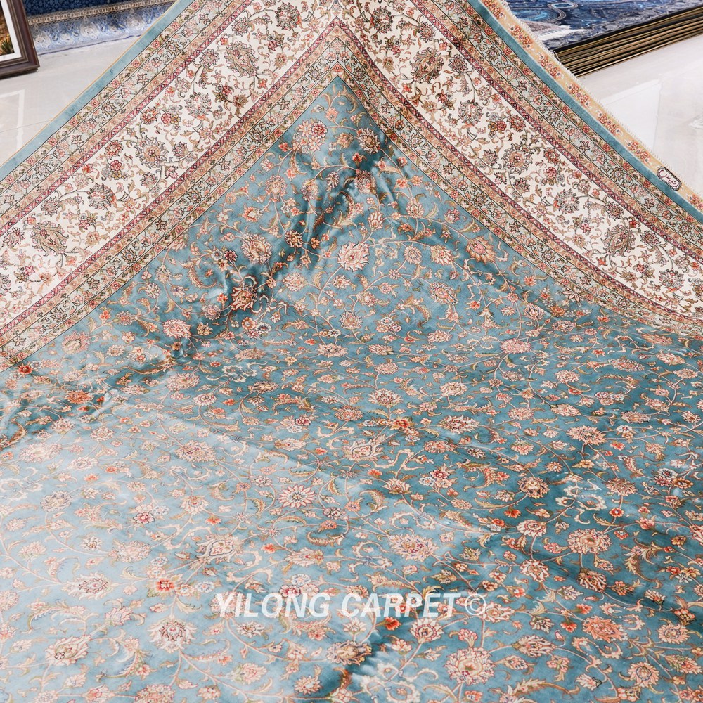 Oversized Handmade Silk Carpet Seven Hill Flowers Blue Silk Carpet 8x17.5ft - Image 8