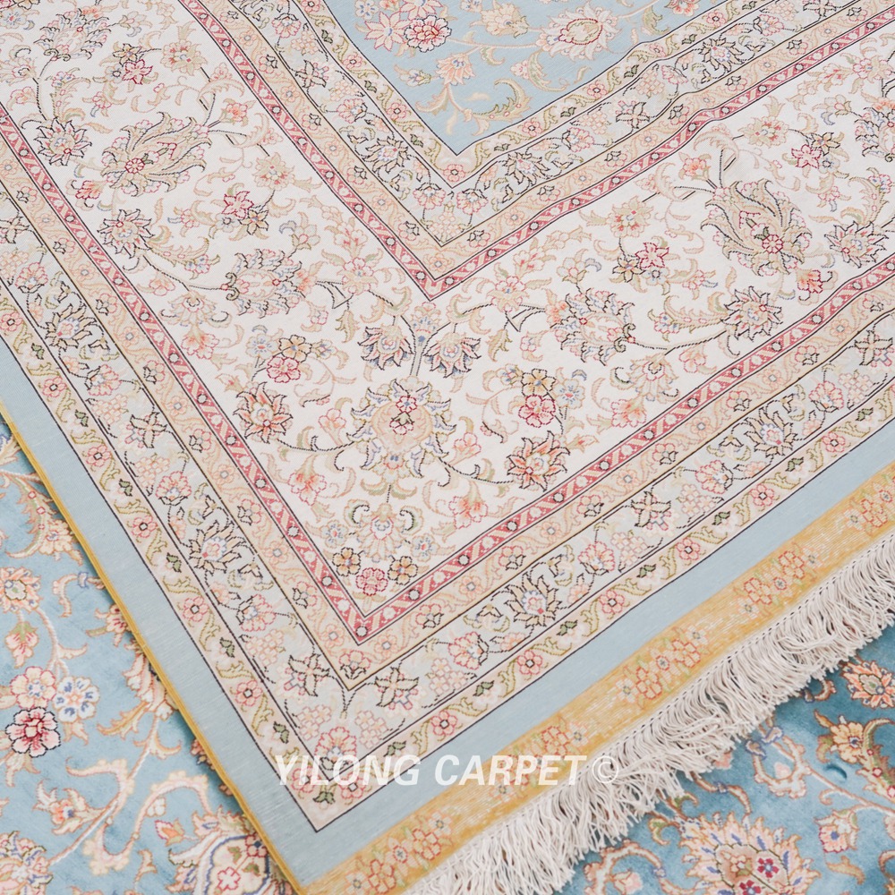 Oversized Handmade Silk Carpet Seven Hill Flowers Blue Silk Carpet 8x17.5ft - Image 9