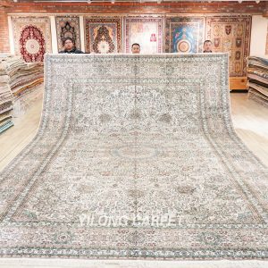 Oversized Persian Carpet Beige Handmade Silk Carpet 12x18ft