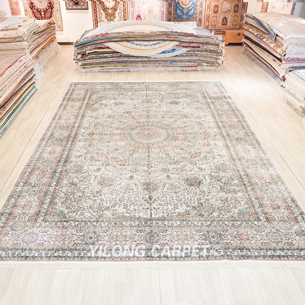 Oversized Persian Carpet Beige Handmade Silk Carpet 12x18ft - Image 3