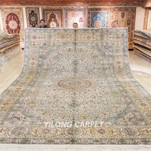 Oversized Persian Silk Carpet Handmade Silk Beige Carpet 12x18ft