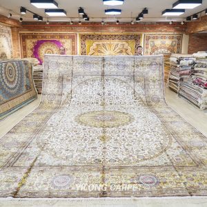 Oversized Persian Carpet Beige Handmade Silk Large Carpet 12x18ft