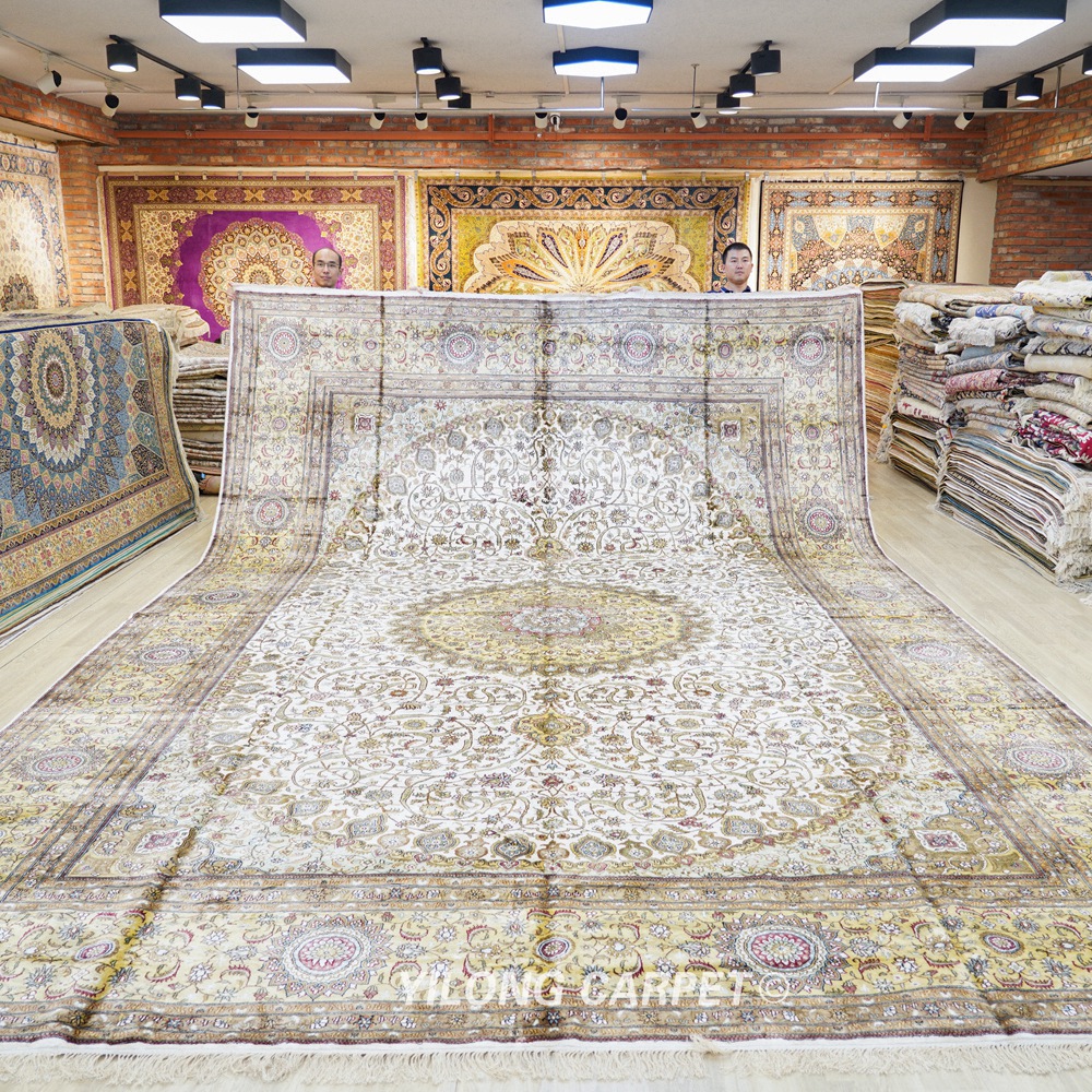 Oversized Persian Carpet Beige Handmade Silk Large Carpet 12x18ft