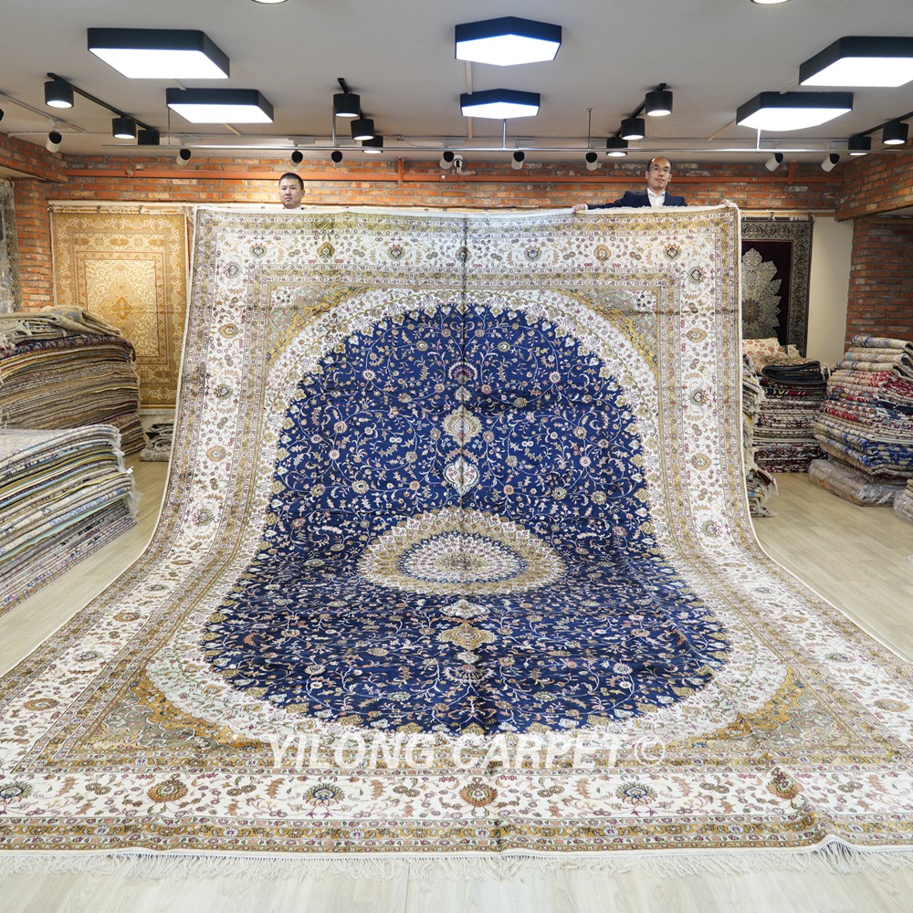 Oversized Blue Persian Carpet Handmade Silk Large Medallion Carpet 12x18ft