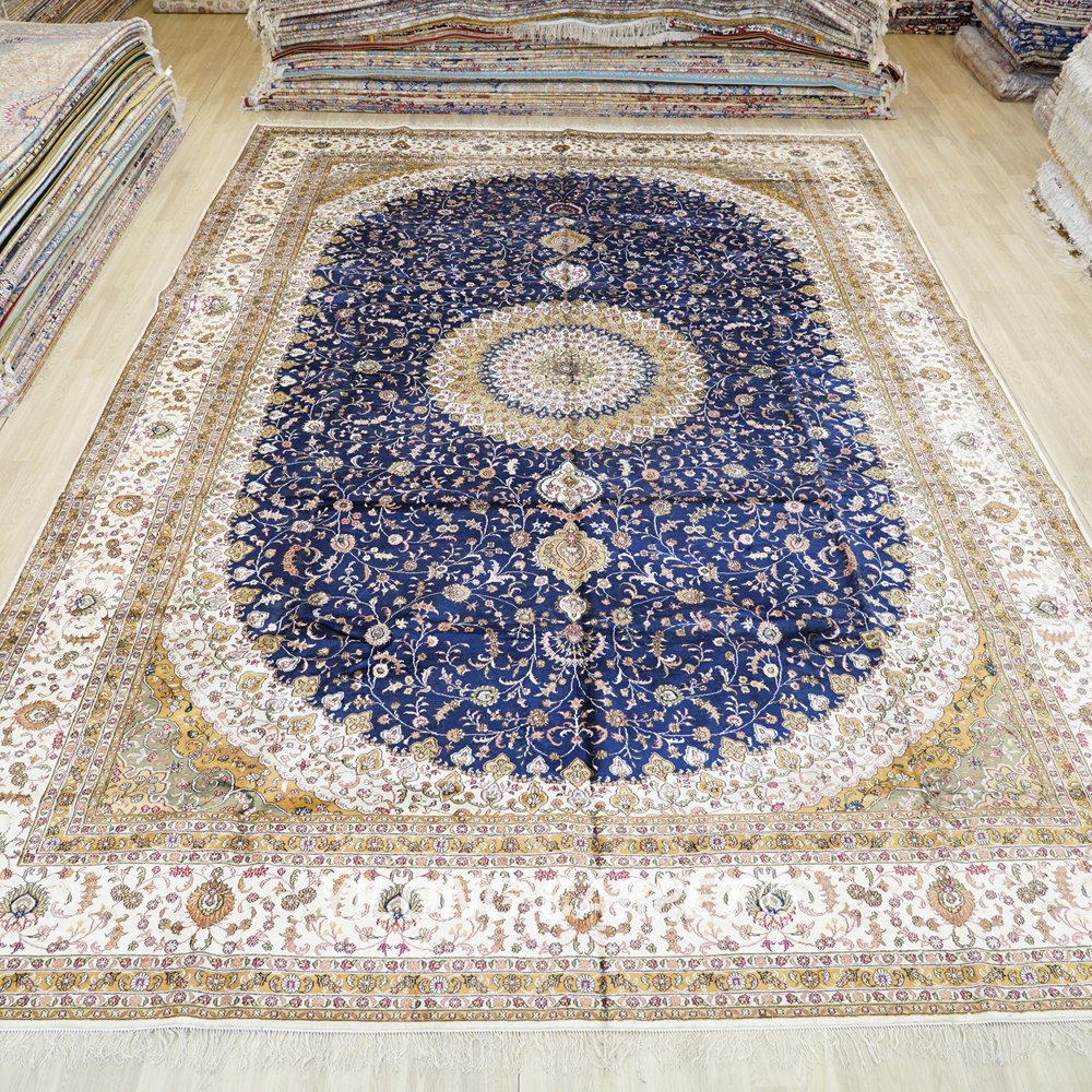 Oversized Blue Persian Carpet Handmade Silk Large Medallion Carpet 12x18ft - Image 3