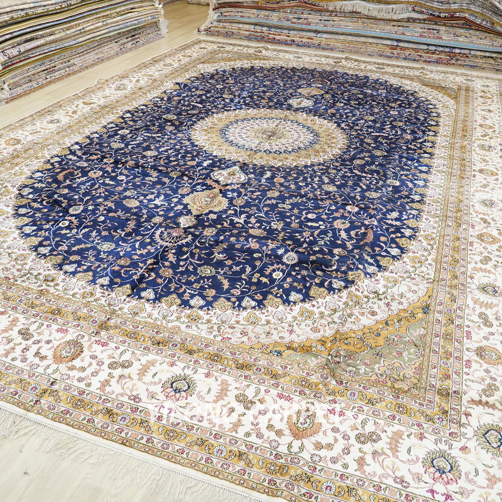 Oversized Blue Persian Carpet Handmade Silk Large Medallion Carpet 12x18ft - Image 4