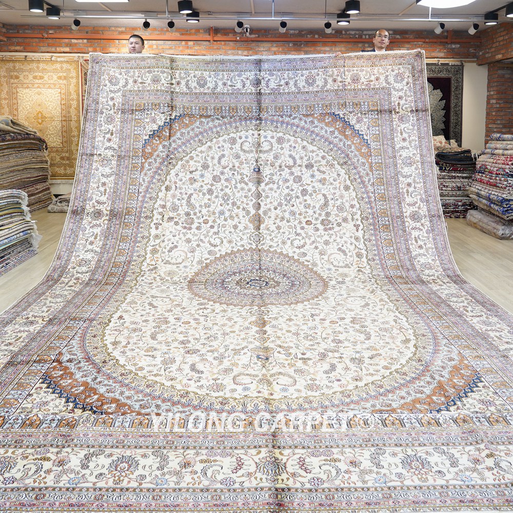 Oversized Beige Persian Carpet Large Handmade Silk Carpet 12x18ft