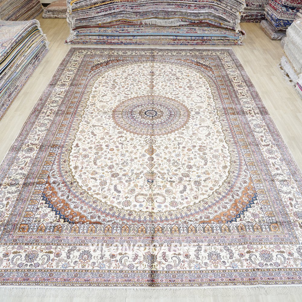 Oversized Beige Persian Carpet Large Handmade Silk Carpet 12x18ft - Image 3