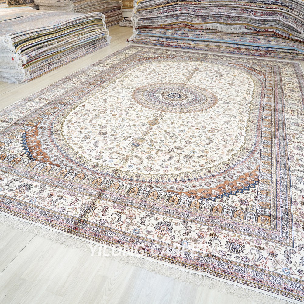 Oversized Beige Persian Carpet Large Handmade Silk Carpet 12x18ft - Image 4