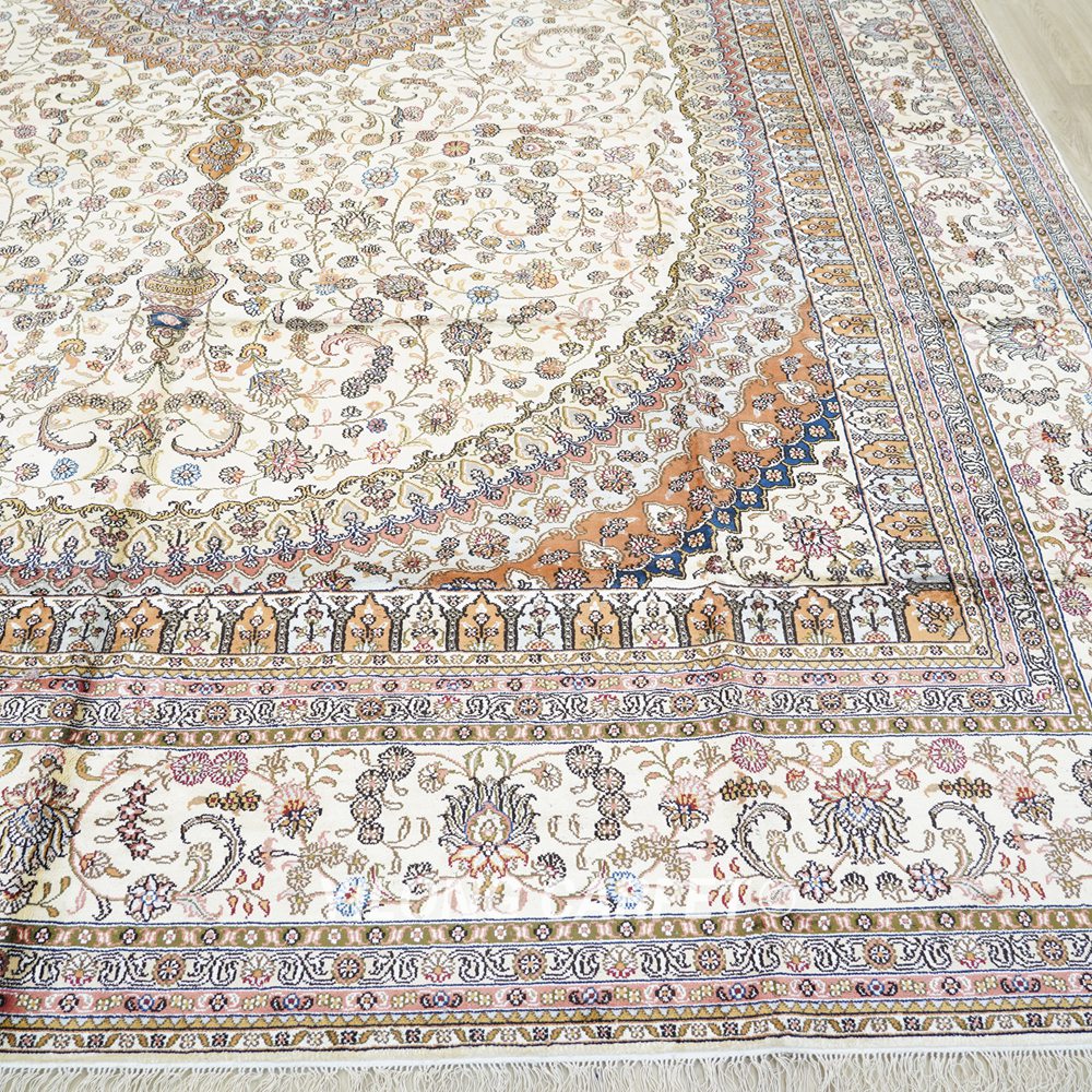 Oversized Beige Persian Carpet Large Handmade Silk Carpet 12x18ft - Image 5