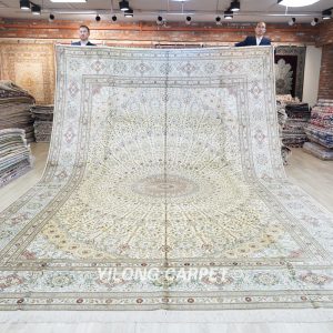 Oversized Beige Persian Carpet Large Medallion Handmade Silk Carpet 12x18ft
