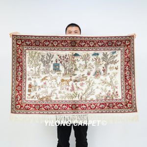 Hunting Design Silk Rug Tapestry Top Fine Handmade Silk Rug 3.7x2.3ft